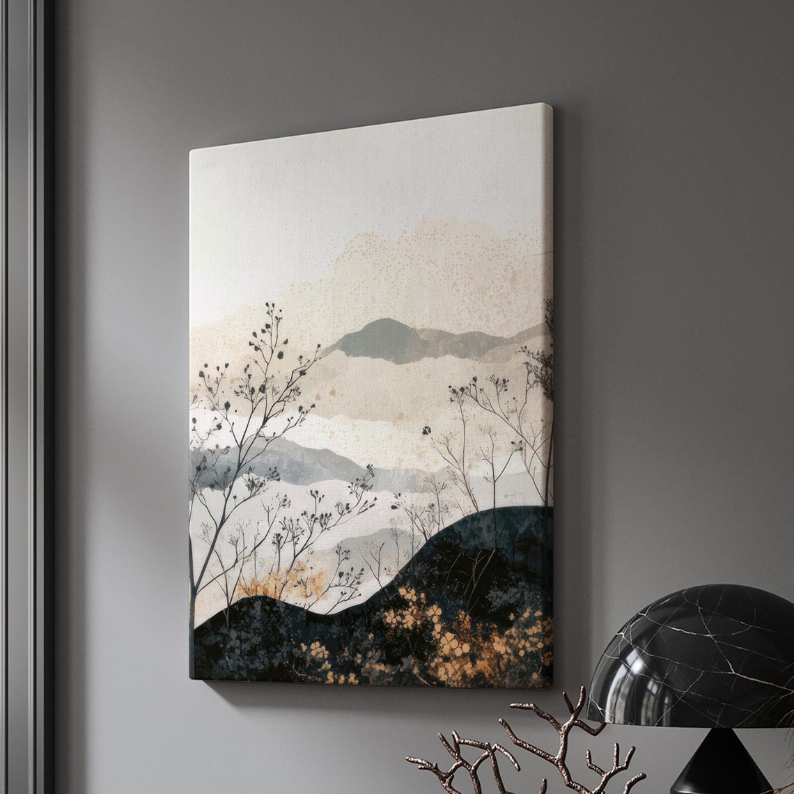 Misty Mountain Silhouettes with Golden Wildflowers Square Art Print - Image 3