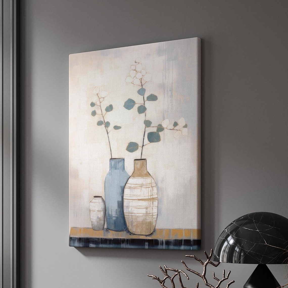 Blue Beige Vases Eucalyptus Minimalist Modern Still Life Wall Art - Image 3