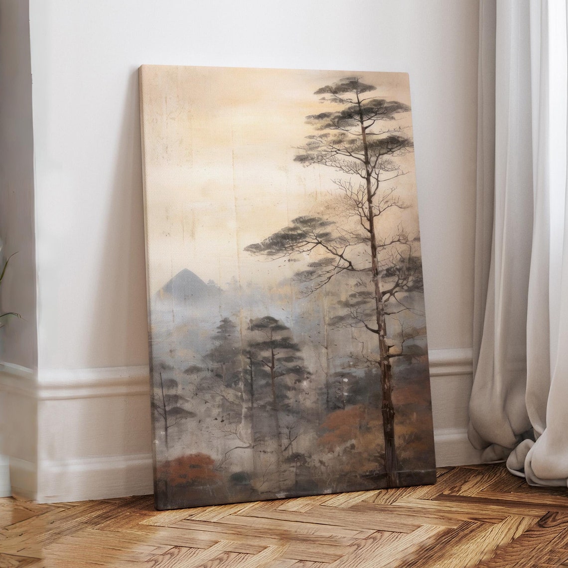 Misty Pine Forest with Mountain Japanese Ink Wash Painting Art Print