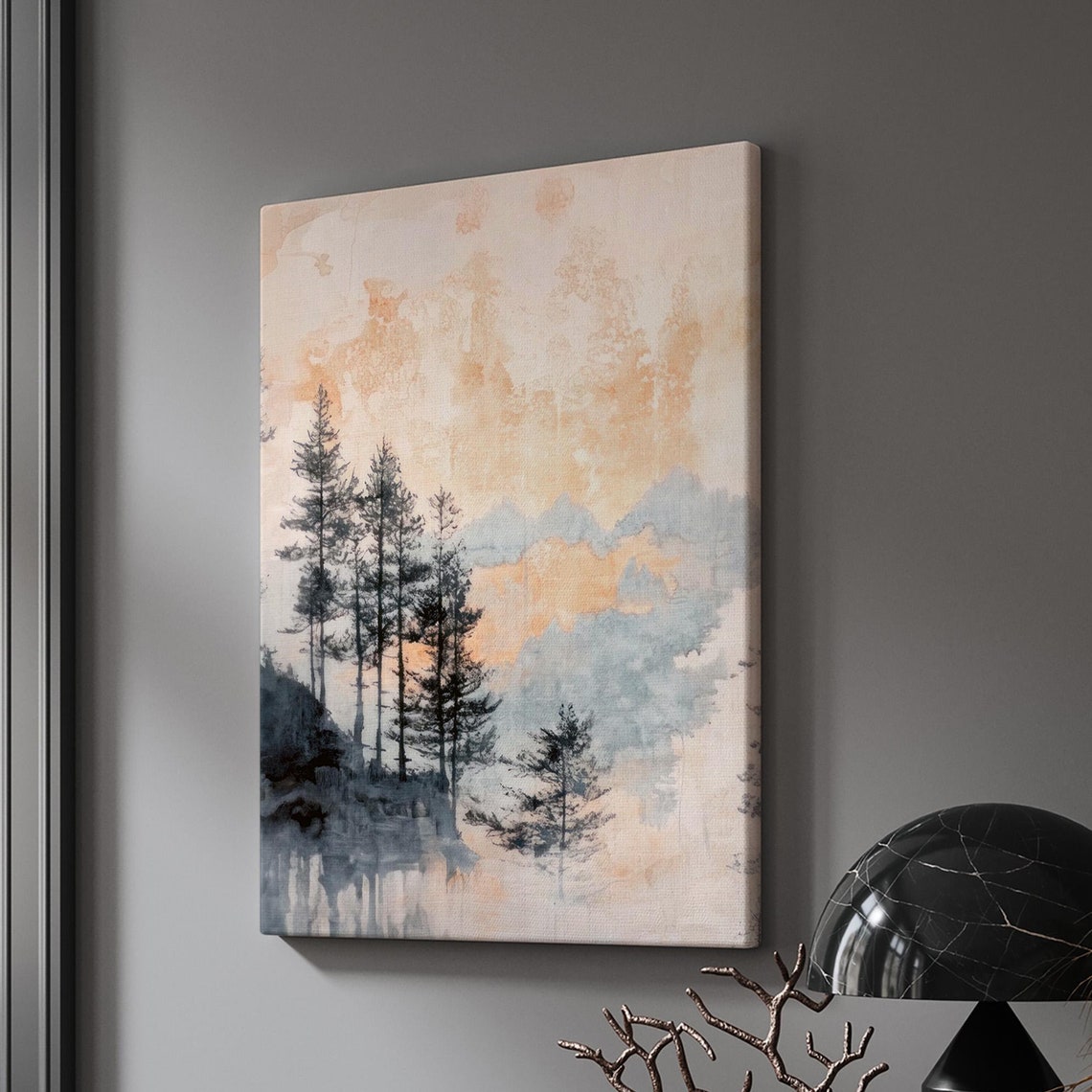 Misty Pine Trees Watercolor Nordic Nature Square Canvas Art Print - Image 3