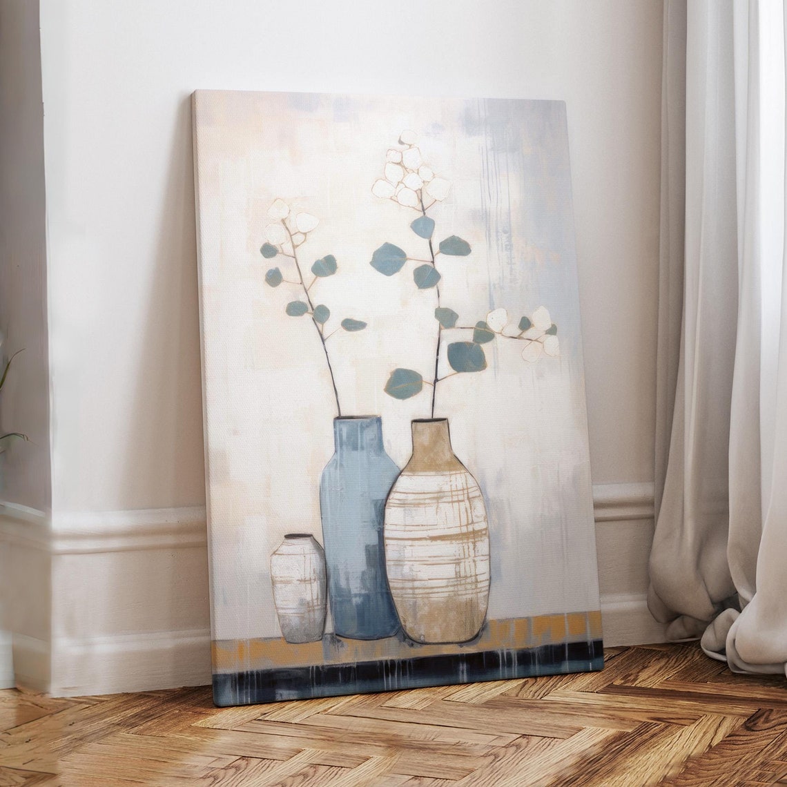 Ceramic Vases with Eucalyptus Minimalist Still Life Painting Art Print
