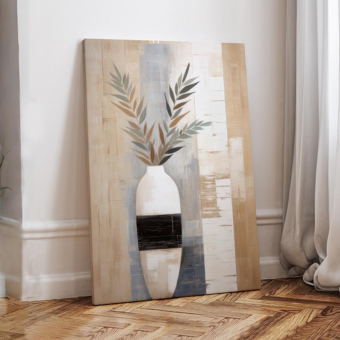 White Vase with Wheat Stems Minimalist Still Life Painting Art Print