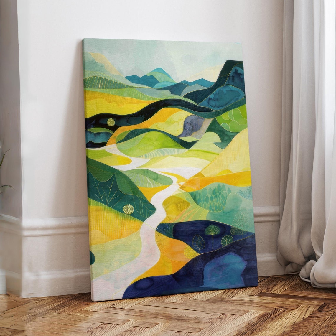 Winding White River Through Abstract Yellow Green Valley Art Print