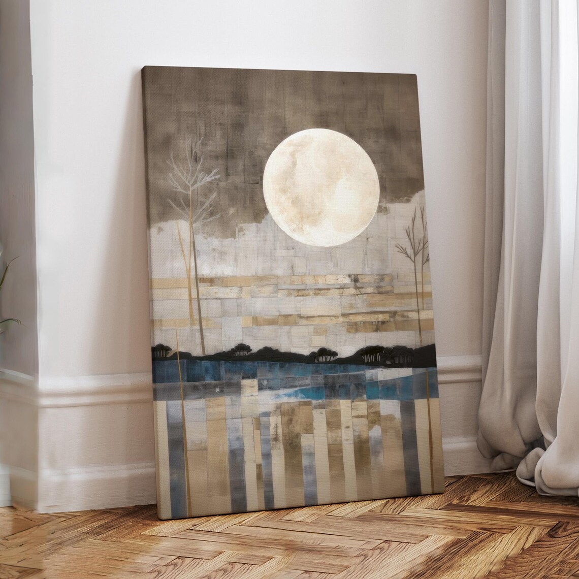Big White Moon Over Geometric Lake Abstract Landscape Art Print