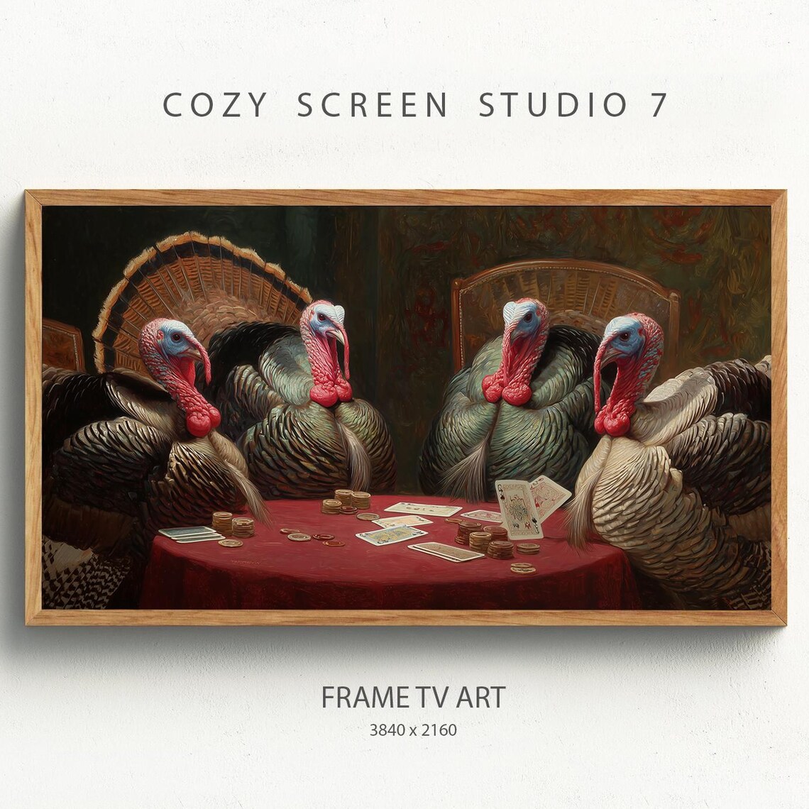 Turkeys Playing Poker Frame Tv Art Funny Thanksgiving Painting Wallpaper