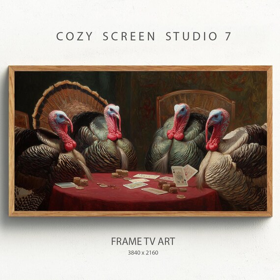 Turkeys Playing Poker Frame Tv Art Funny Thanksgiving Painting Wallpaper