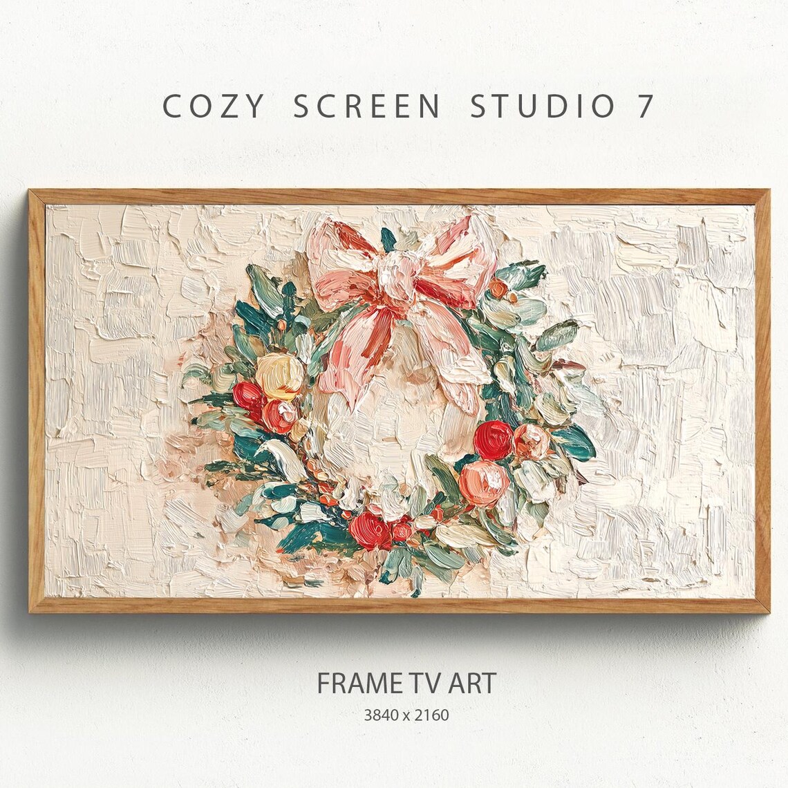 Christmas Wreath 3D Impasto Holiday Decor Art Print