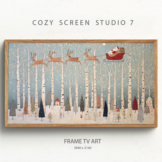 Santas Sleigh Flying Over Birch Forest Winter Frame TV Art Poster