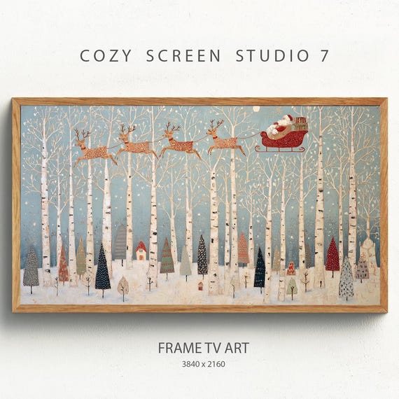 Santas Sleigh Winter Forest Samsung Frame Tv Art Birch Trees Town Painting