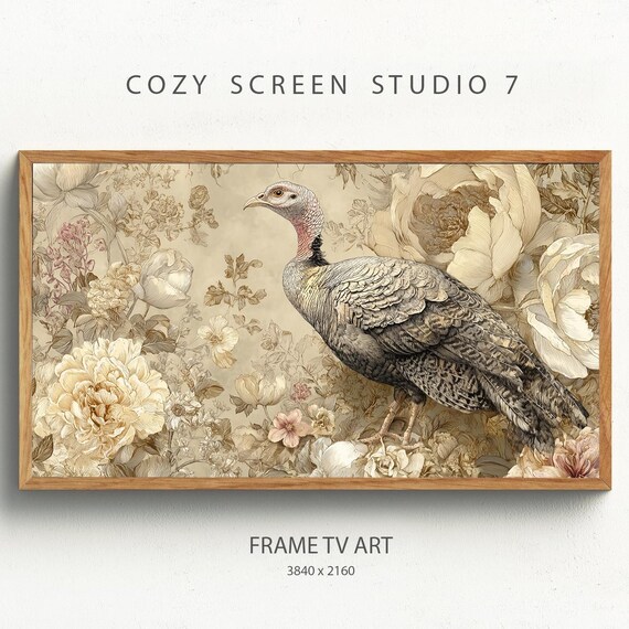 Toile Turkey Frame Tv Art Vintage Floral Thanksgiving Farmhouse Painting