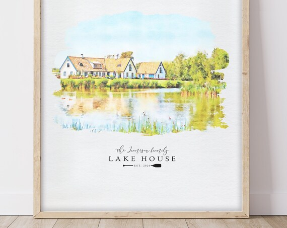 Custom Home Portrait, Watercolor Lake House Art Print