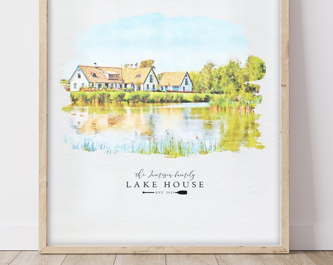Custom Home Portrait, Watercolor Lake House Art Print
