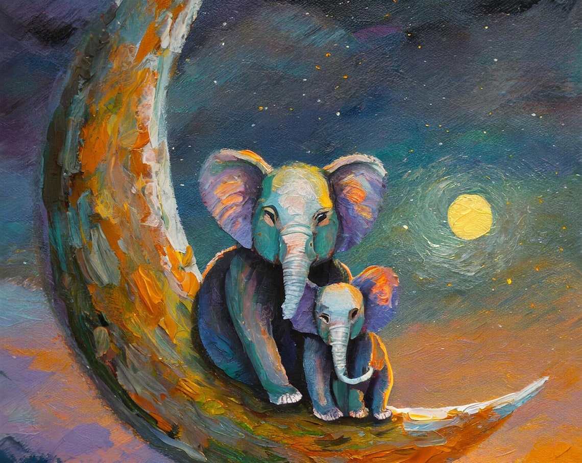 Mother And Baby Elephant Resting On Moon Night Sky Nursery Poster