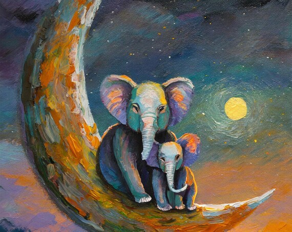 Mother And Baby Elephant Resting On Moon Night Sky Nursery Poster