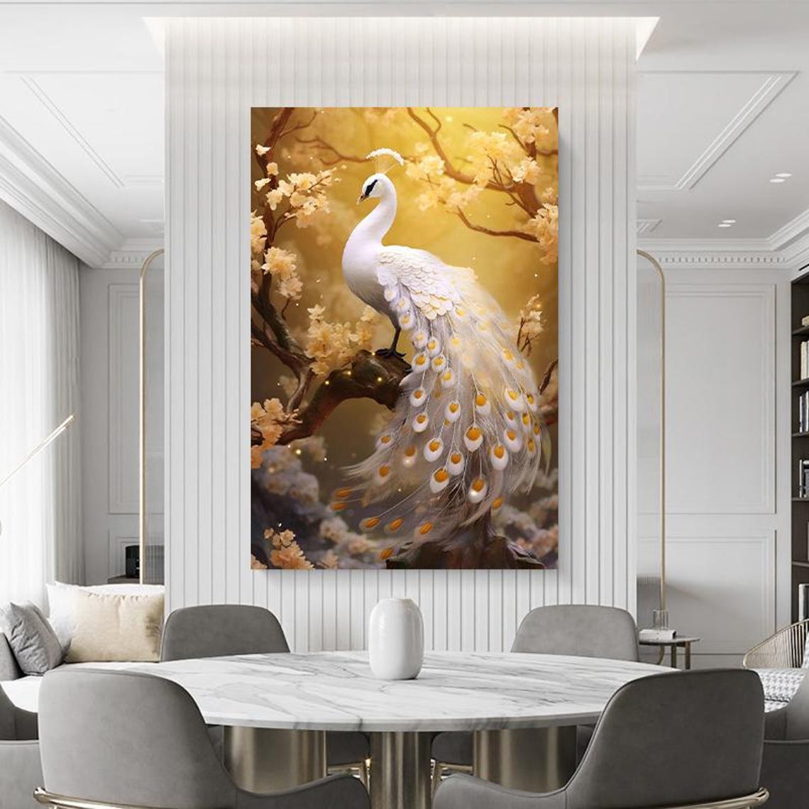 Elegant White Peacock On Golden Blossom Branch Floral Bird Poster - Image 4