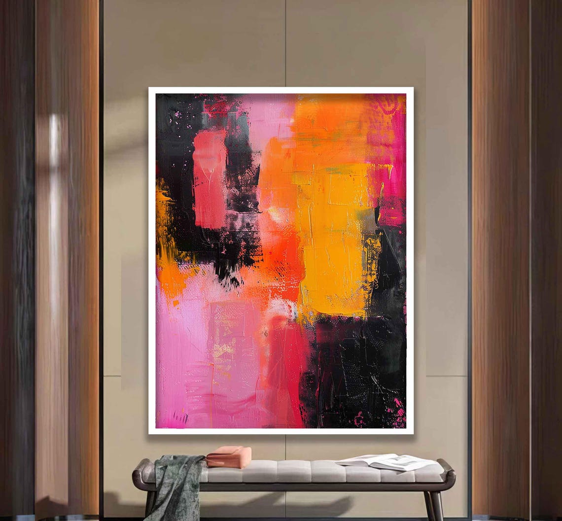 Vibrant Pink Orange and Black Bold Abstract Brushwork Art Poster - Image 2