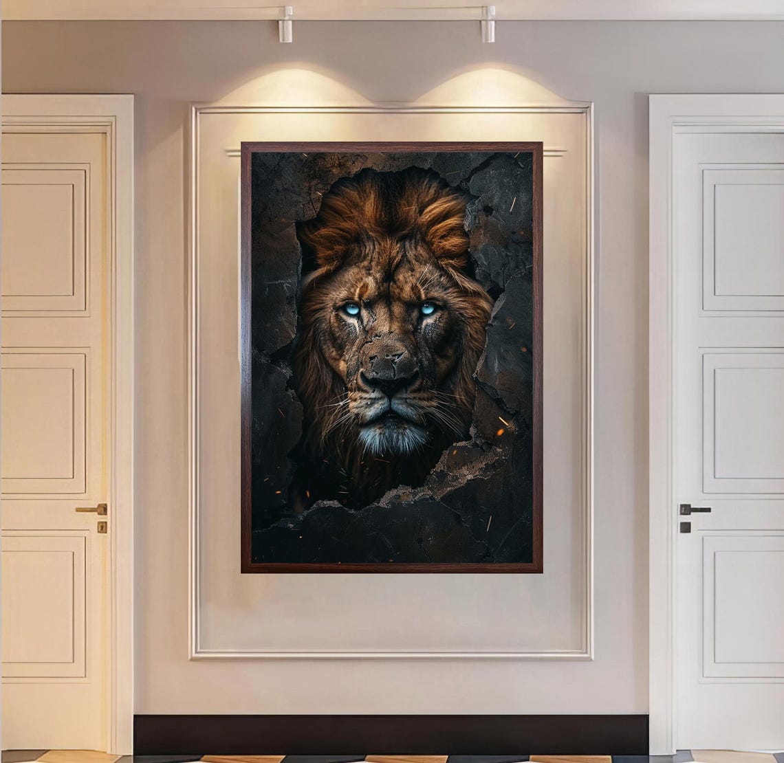 Fierce Lion Emerging Through A Cracked Wall Blue Eyes Art Poster - Image 5