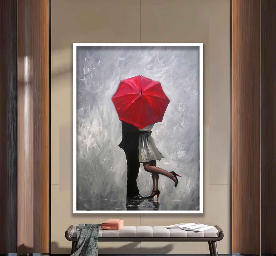 Red Umbrella Couple in the Rain Romantic Love Painting Poster - Image 3