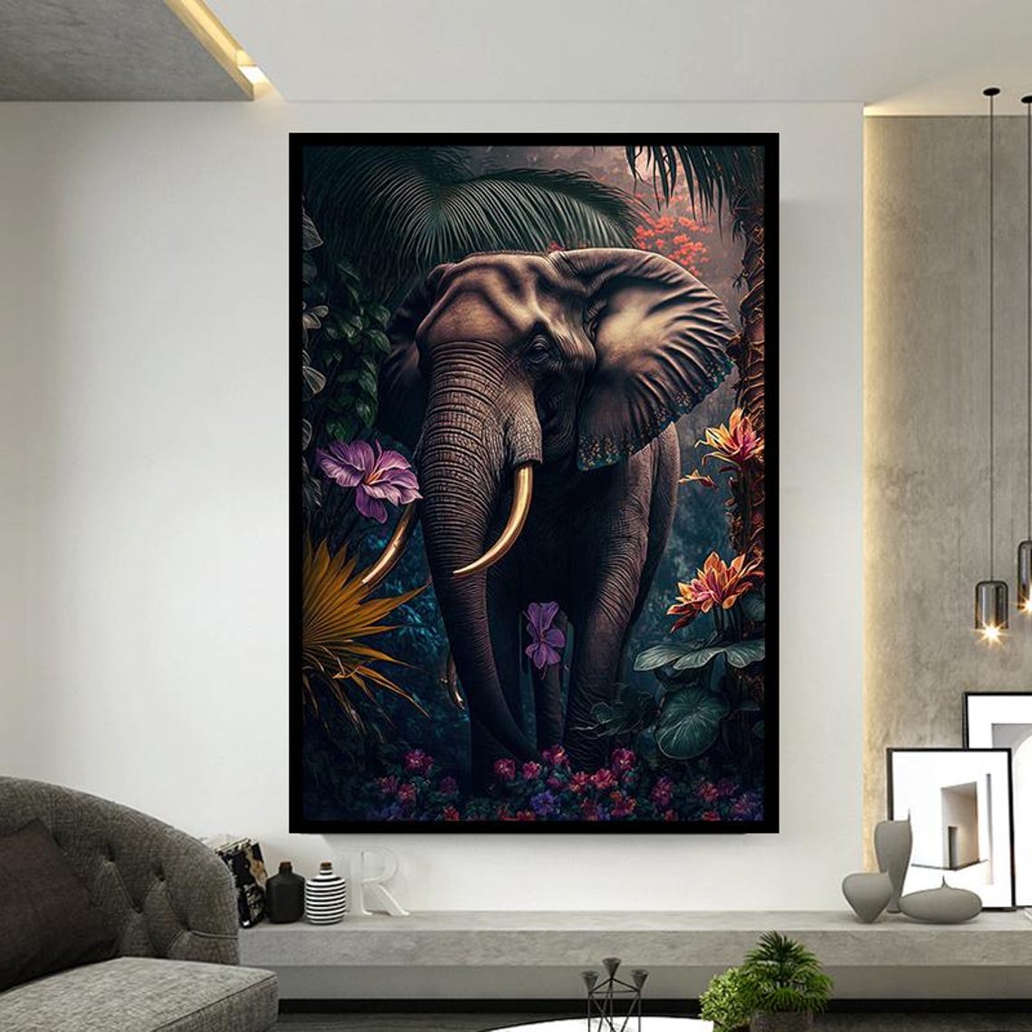 Majestic Elephant In A Lush Tropical Jungle With Flowers Wall Art - Image 2