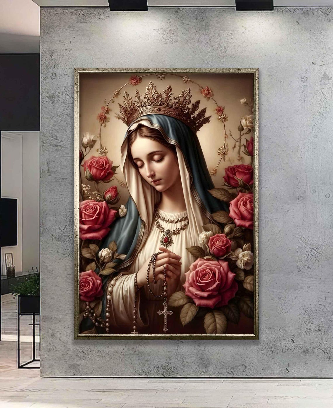 Crowned Virgin Mary with Rosary and Roses Catholic Faith Poster - Image 3