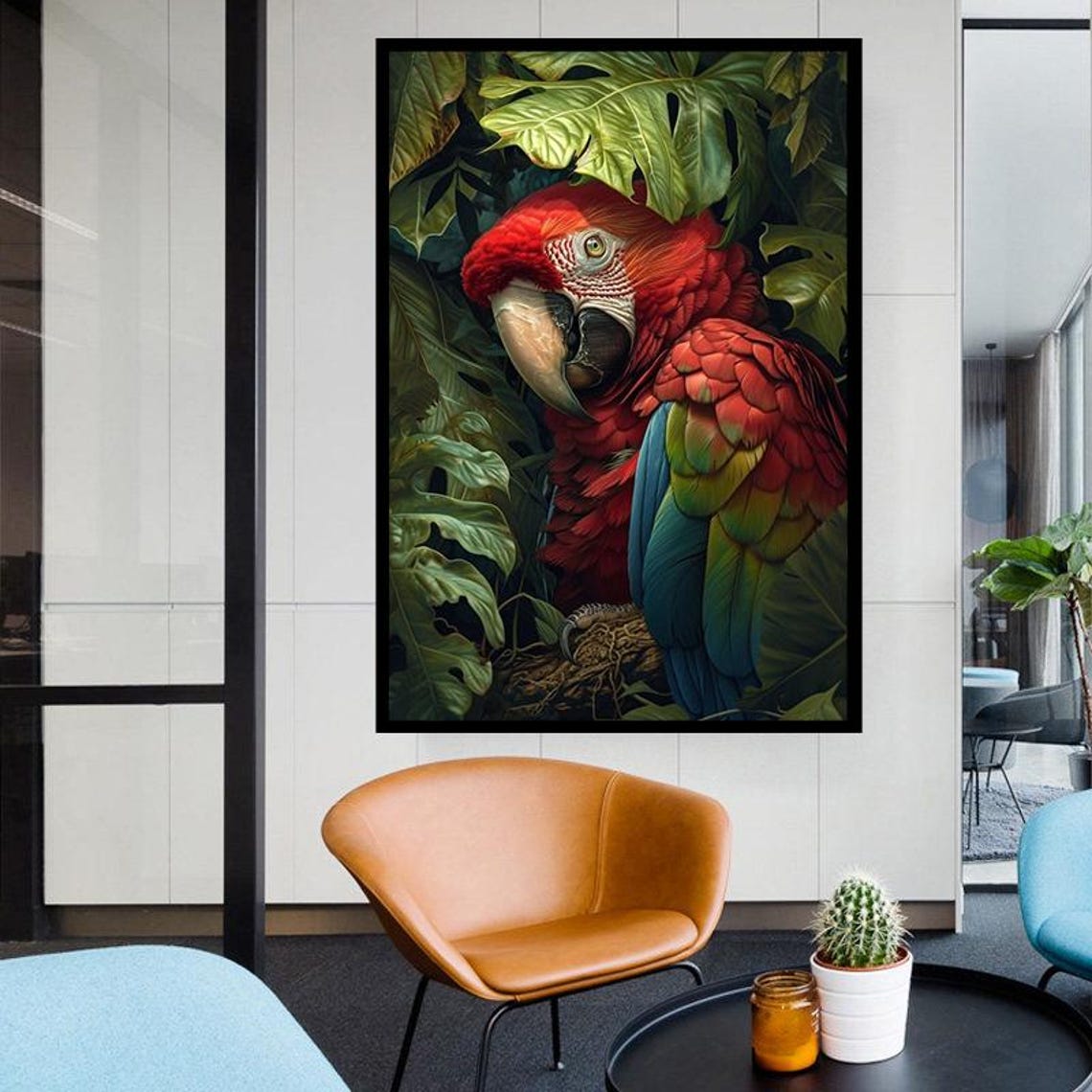Scarlet Macaw Parrot Peeking Through Tropical Jungle Leaves Poster - Image 5