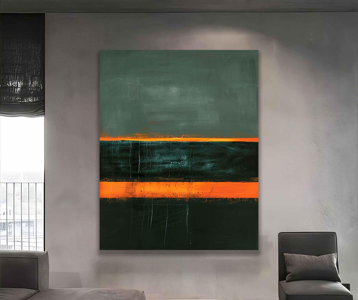 Dark Green and Burnt Orange Horizon Abstract Color Field Poster - Image 3