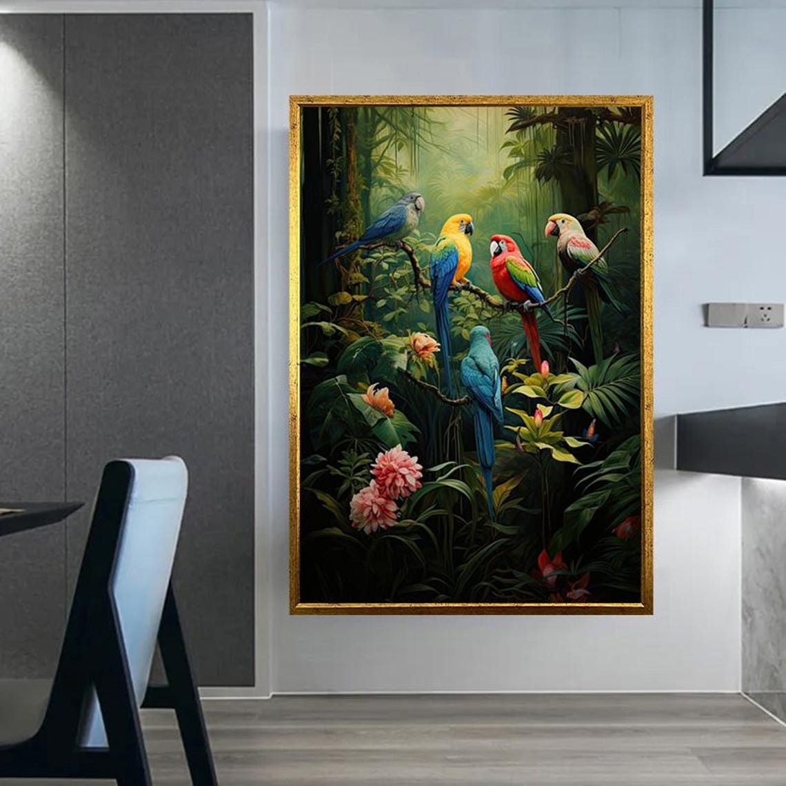 Five Colorful Parrots Perched In Lush Tropical Jungle Art Poster - Image 2