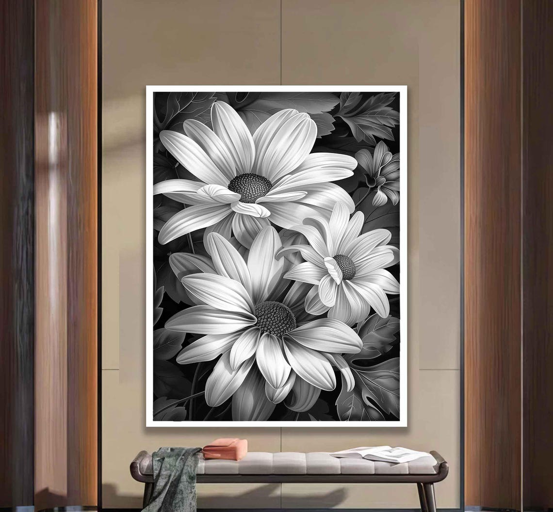White Daisies Black and White Bold Floral Botanical Art Poster - Image 5