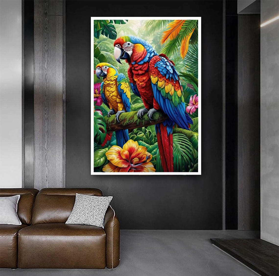 Scarlet Macaw Pair Perched On Branch Tropical Jungle Parrot Art Poster - Image 3