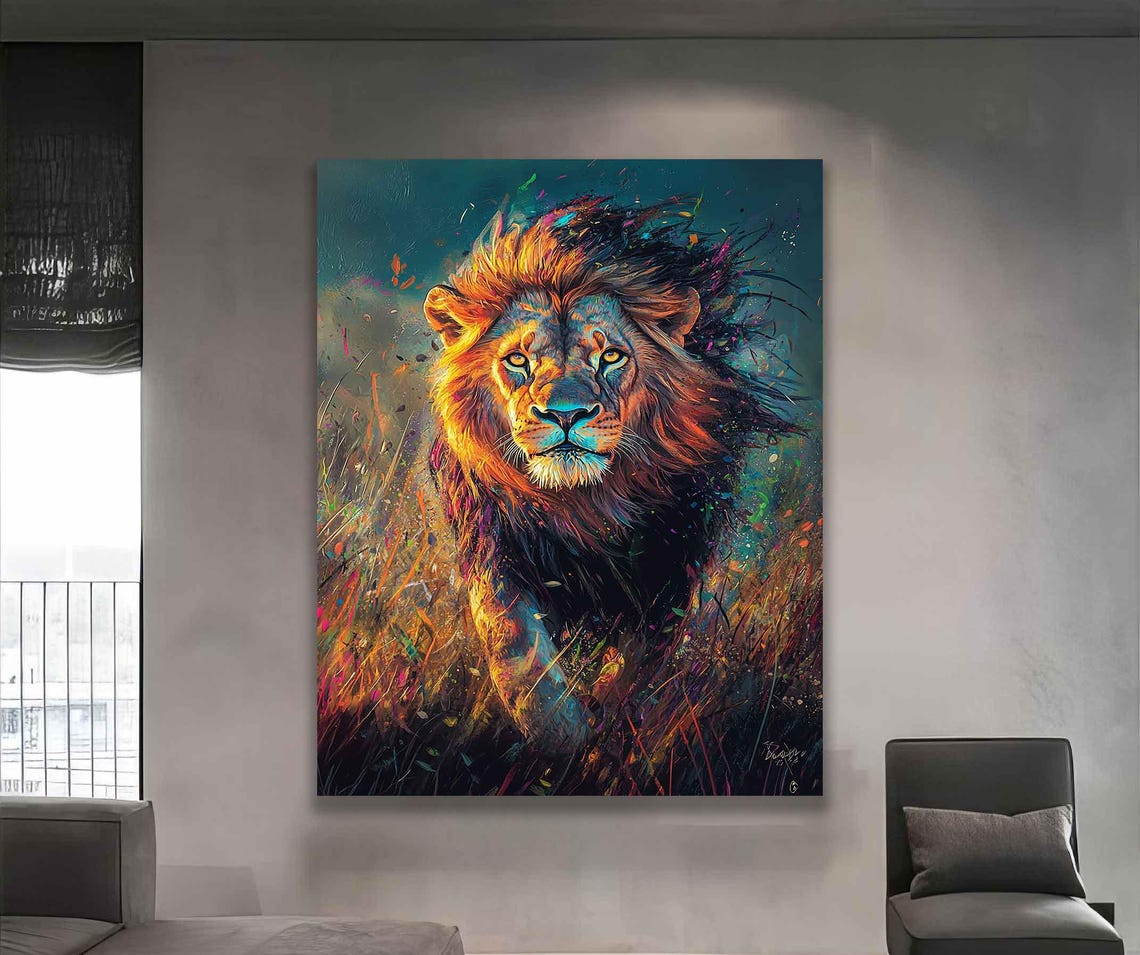 Lion Striding Through Tall Grass In Colorful Paint Splash Art Poster - Image 3