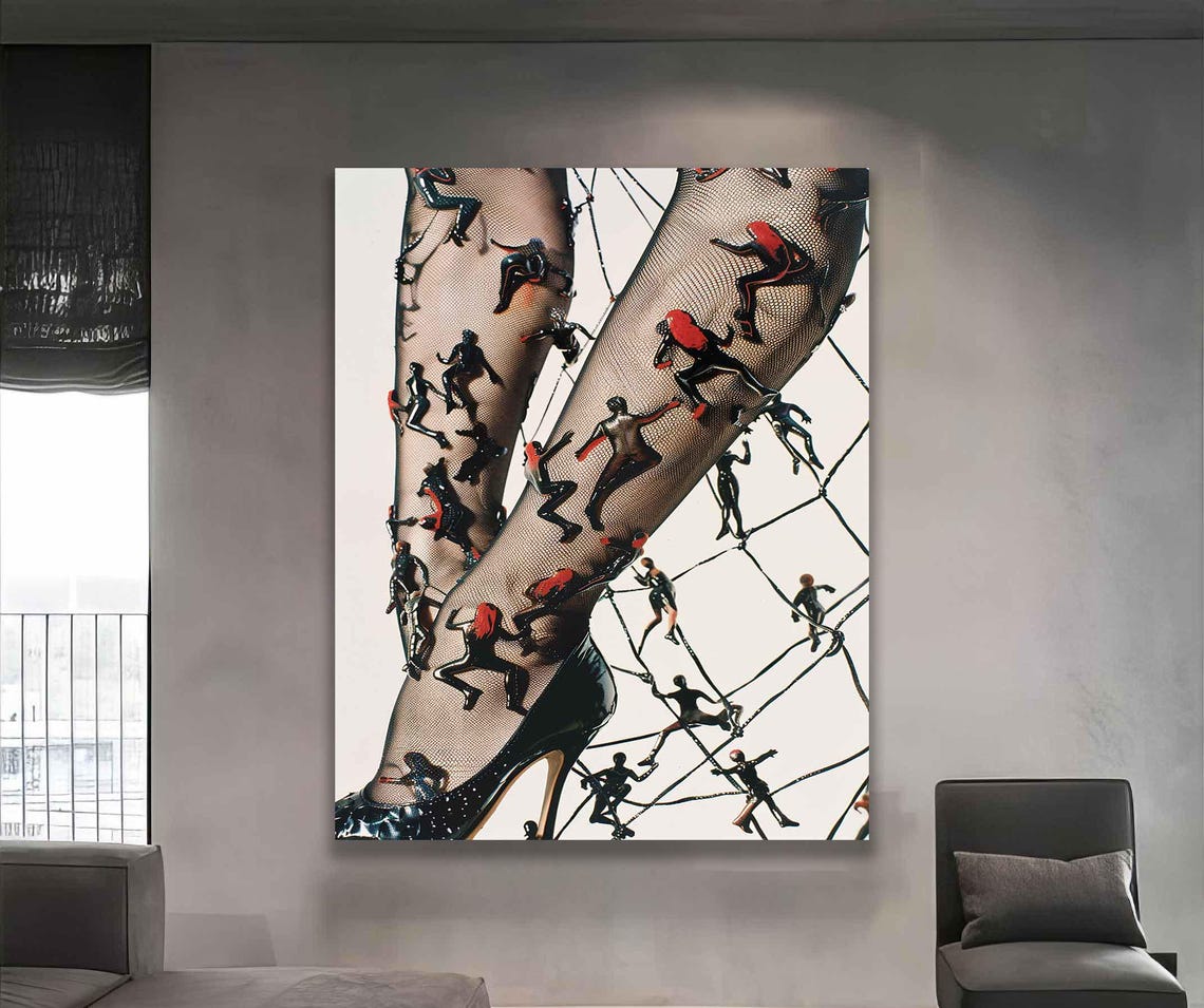 Tiny Figures Climbing Fishnet Stiletto Legs Surreal Art Poster - Image 4
