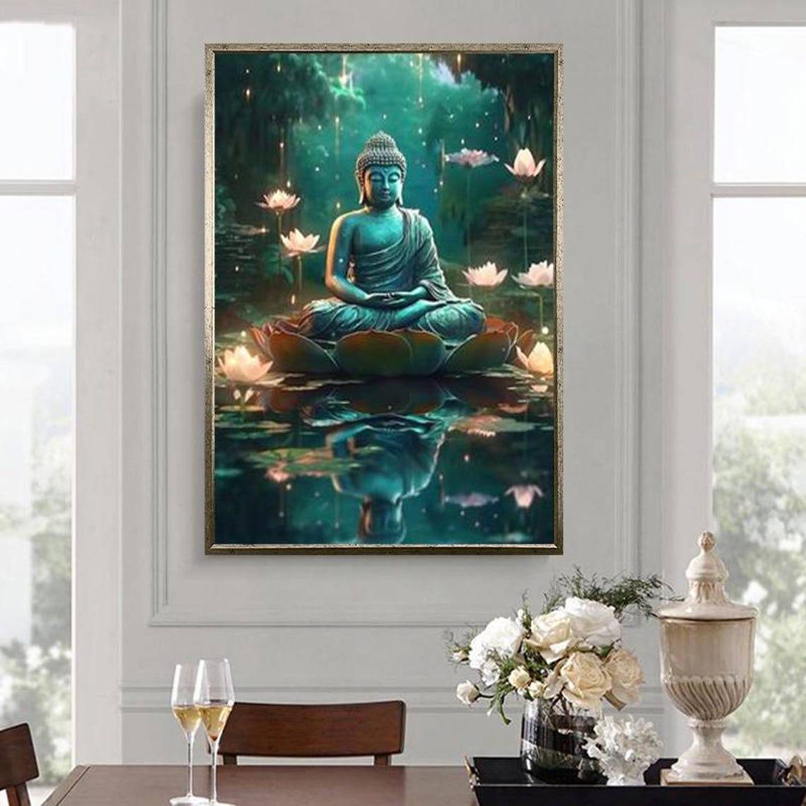 Buddha Meditating On A Lotus In A Glowing Mystical Pond Wall Art