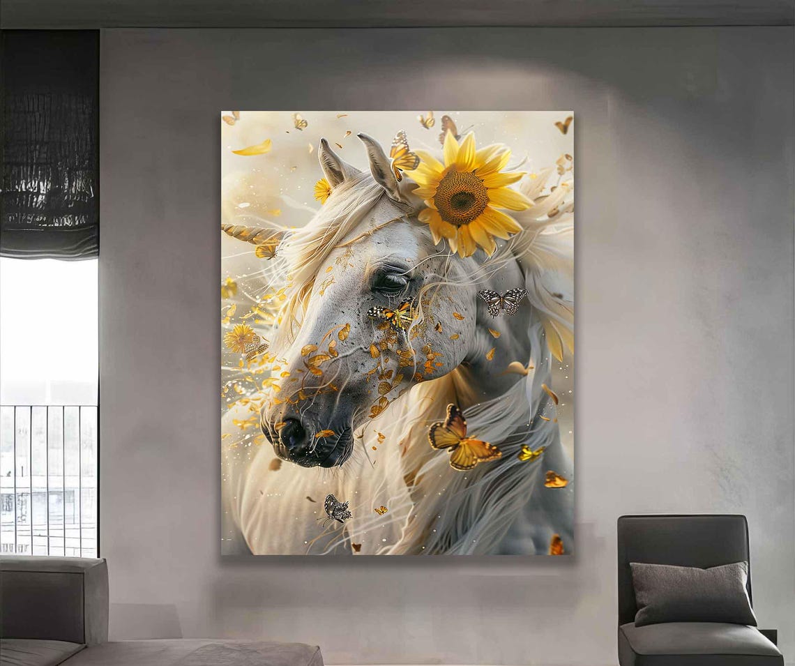 Majestic White Horse Sunflowers Butterflies Elegant Equine Wall Art - Image 4