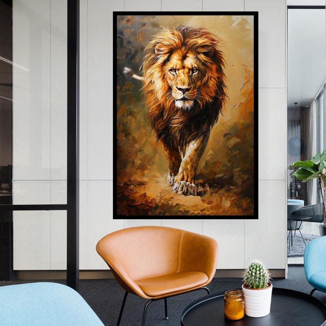 Realistic Lion Walking Forward Warm Oil Painting Wildlife Poster - Image 5
