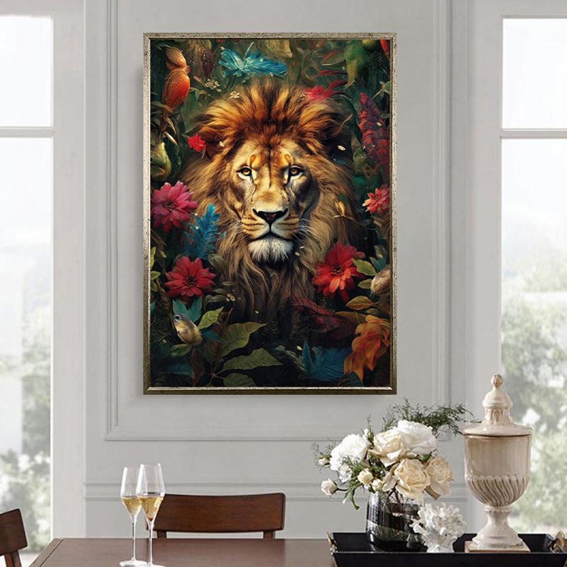 Majestic Lion Surrounded By Colorful Flowers Wildlife Art Poster