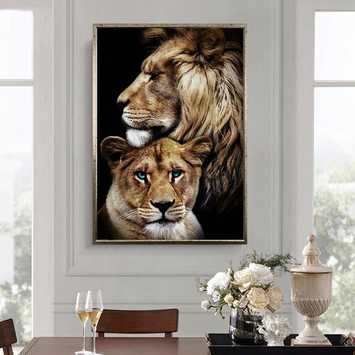 Majestic Lion Nuzzling Its Cub Tender Wildlife Portrait Poster