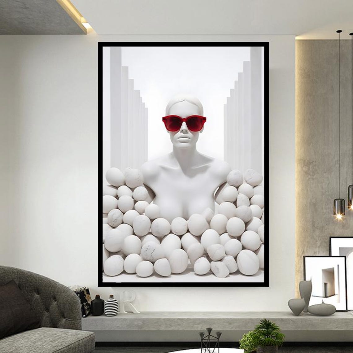 White Statue With Red Sunglasses Playful Surreal Pop Art Poster - Image 4
