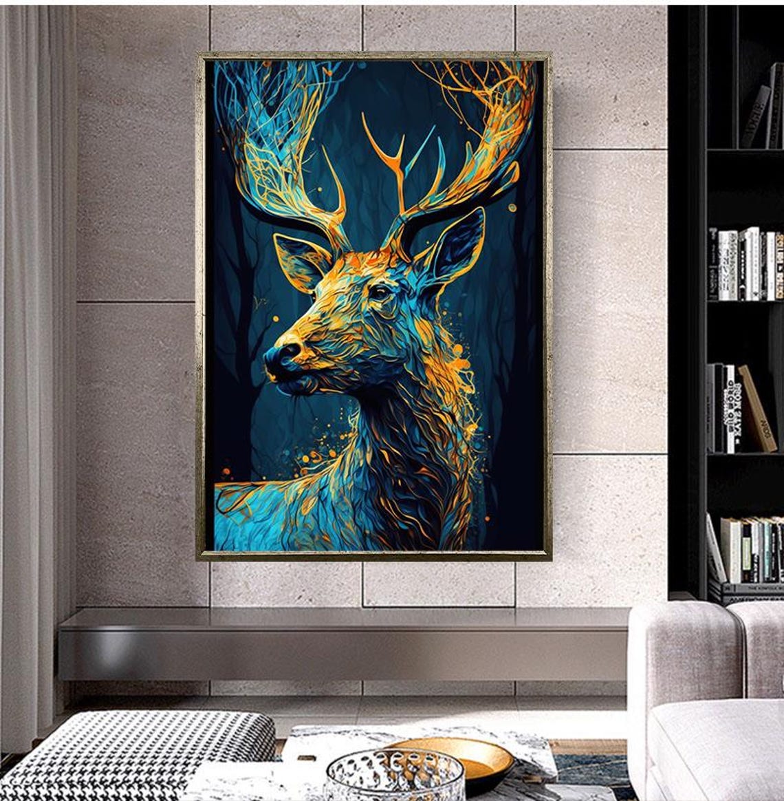 Glowing Blue And Gold Stag Portrait In A Dark Pine Forest Poster - Image 5