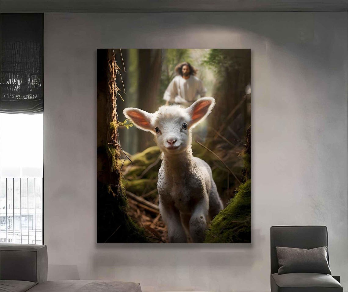 Jesus And The Lamb Walking In A Sunlit Forest Christian Wall Art - Image 4