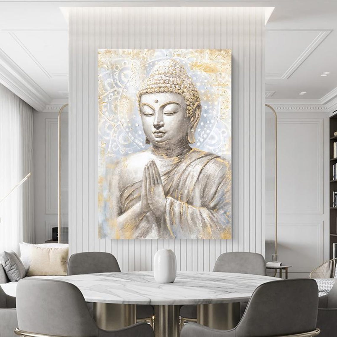 Serene Praying Buddha in White and Gold Spiritual Art Poster - Image 3
