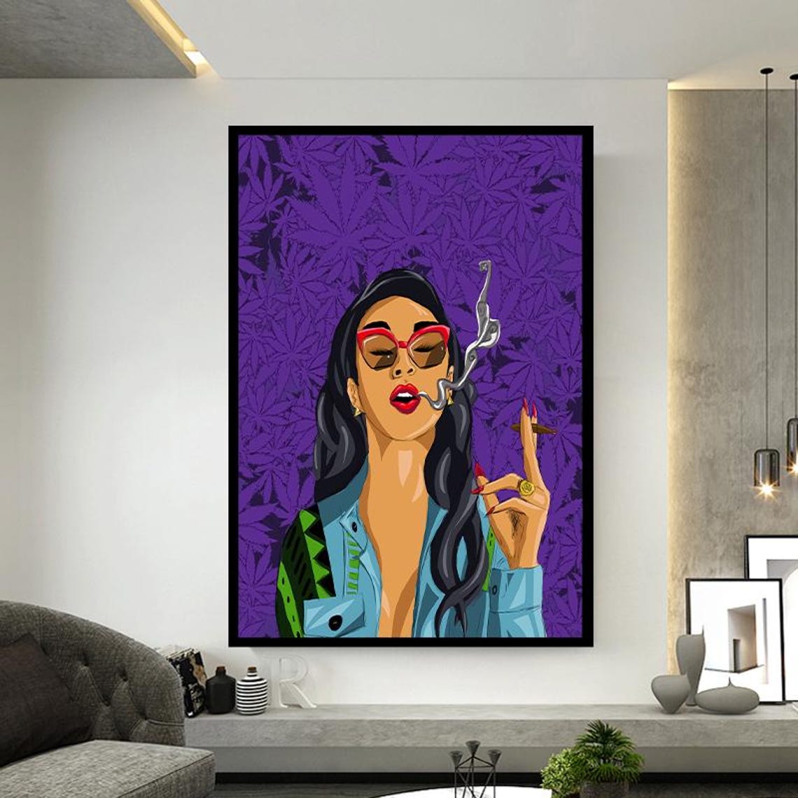 Pop Art Woman Smoking Against a Purple Cannabis Leaf Pattern Poster - Image 4