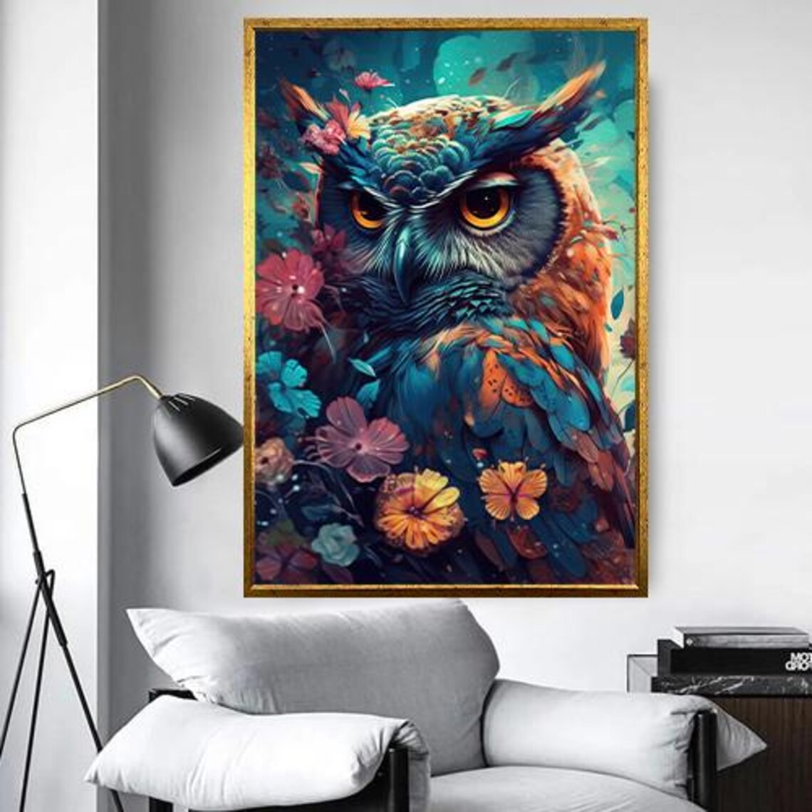 Colorful Owl Portrait Among Bright Blooming Flowers Garden Poster - Image 5