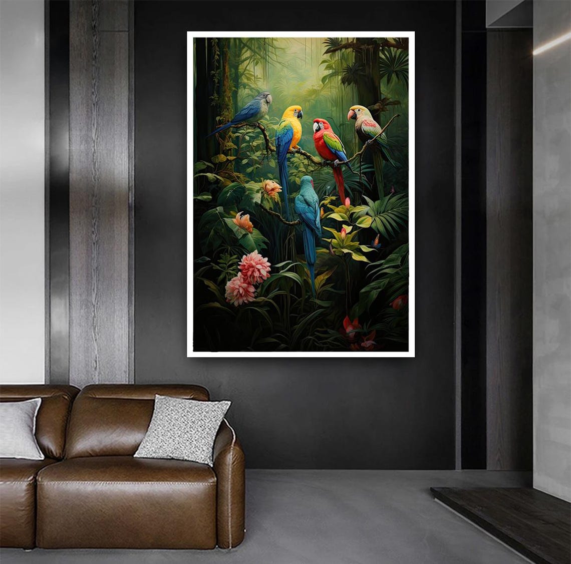 Five Colorful Parrots Perched In Lush Tropical Jungle Art Poster - Image 5