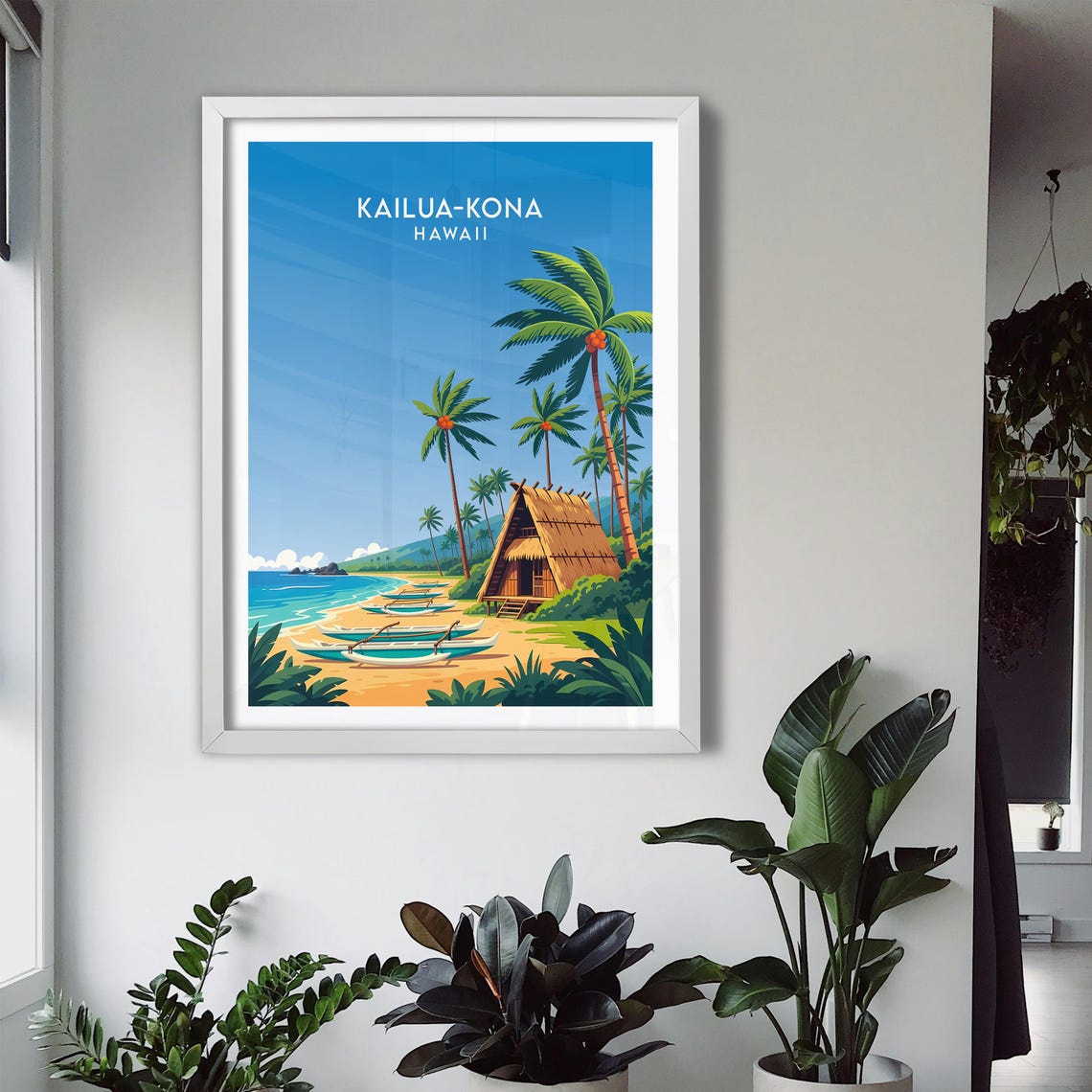 Kailua Kona Hawaii Thatched Hut Outrigger Canoes Beach Retro Poster - Image 2