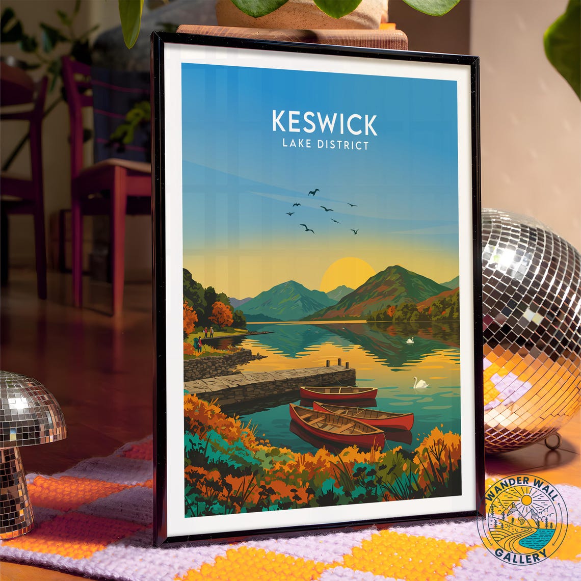 Keswick Lake District Serene Sunrise Canoes Mountain Lake Poster - Image 4