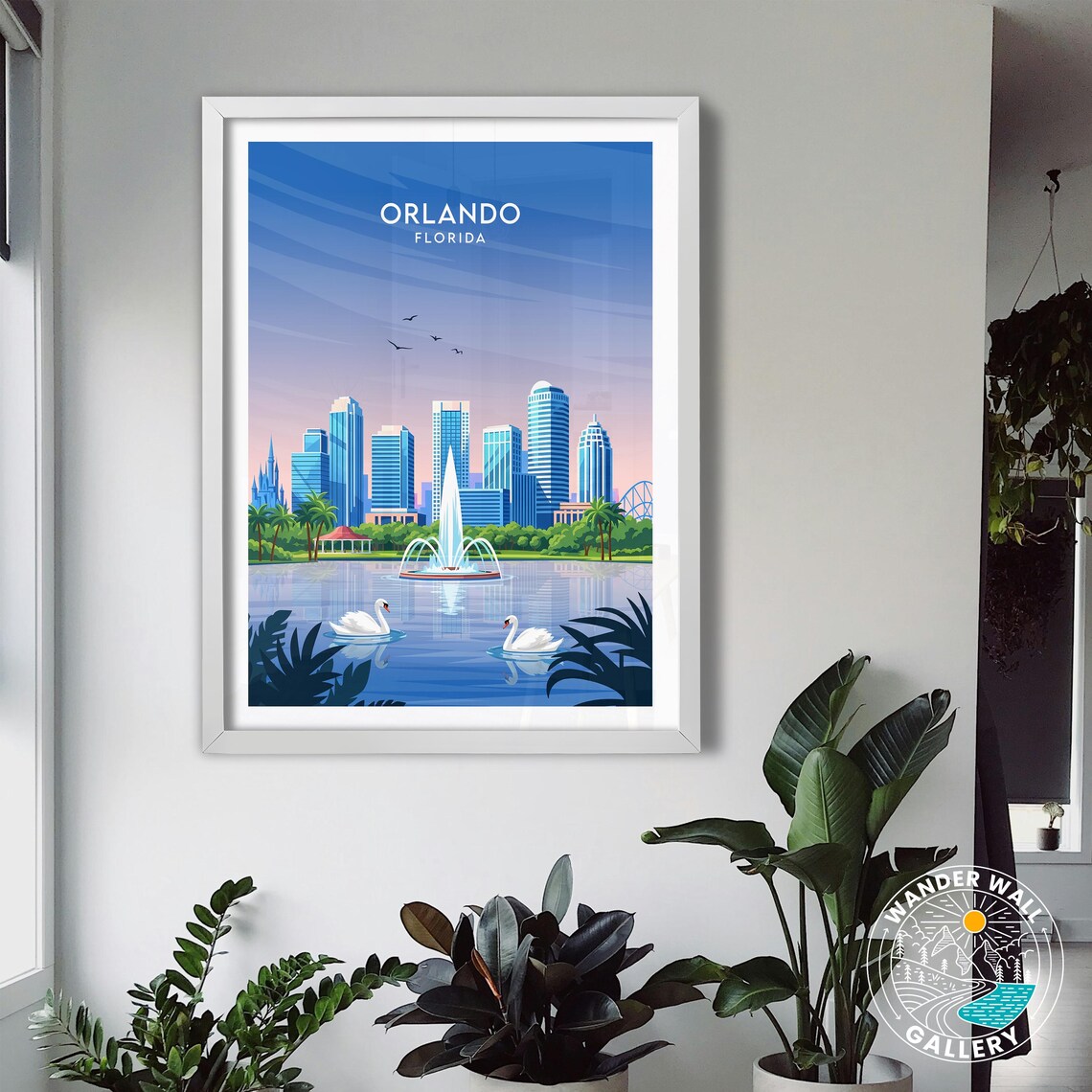 Orlando Florida Skyline Lake Fountain with Swans Travel Poster - Image 3