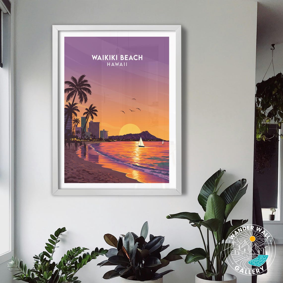 Waikiki Beach Hawaii Sunset Palm Trees Diamond Head Ocean Poster - Image 3