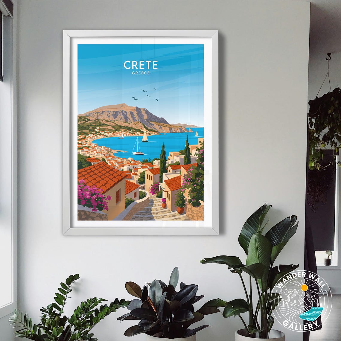 Crete Greece Coastal Town Sailboats White Buildings Blue Sea Poster - Image 3