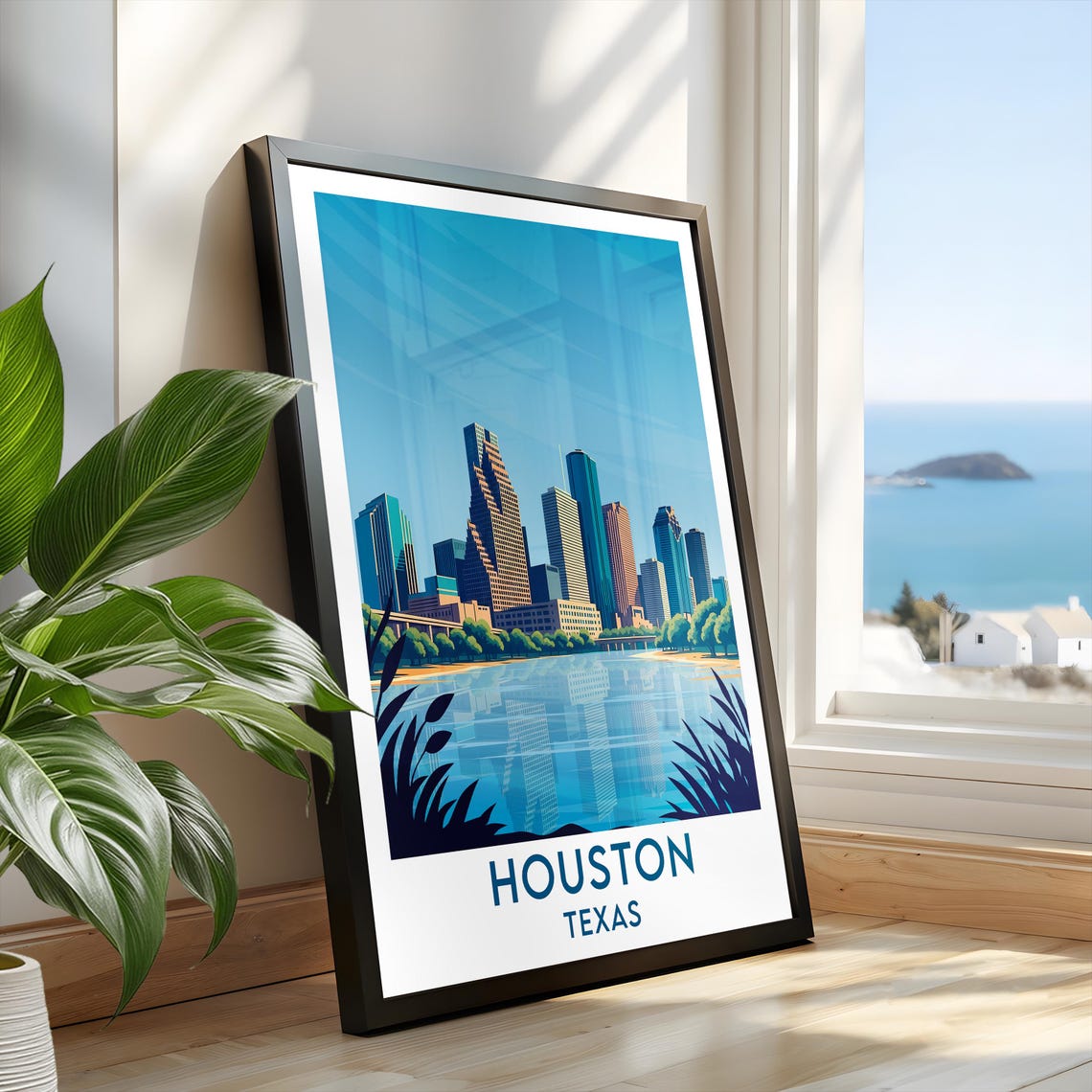 Houston Texas Skyline Over Calm Water Lakeside Morning View Poster - Image 2