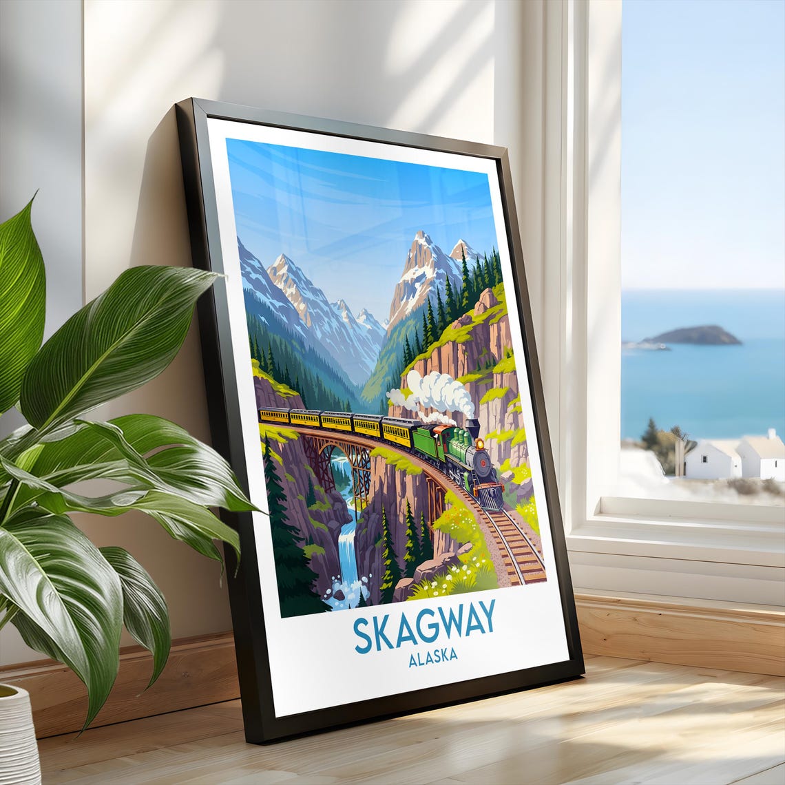 Skagway Alaska Steam Train Crossing Trestle Bridge Mountain Poster - Image 2